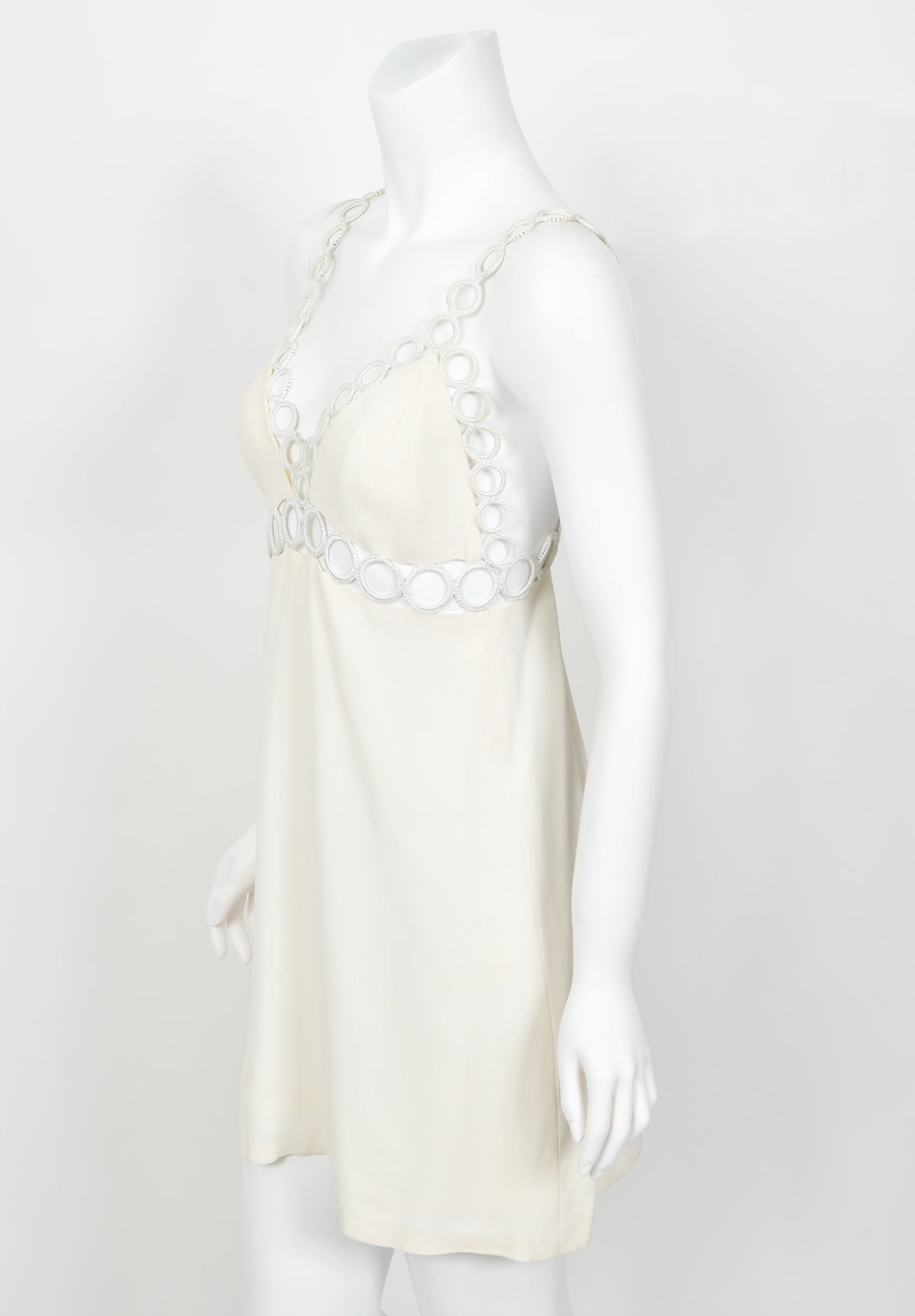 1968 Loris Azzaro Couture Documented Elle Magazine Ivory Silk Cut-Out Mini Dress