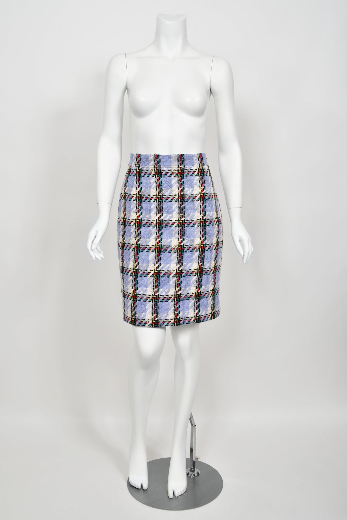 1995 Chanel by Karl Lagerfeld Runway Periwinkle Plaid Wool Barbie Jacket &amp; Skirt