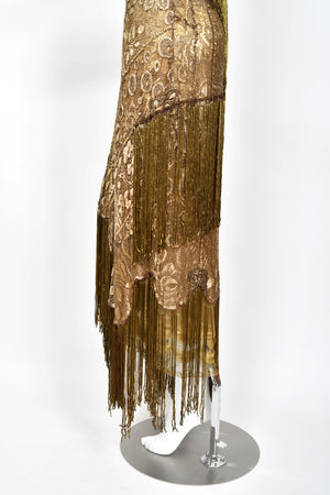 1920's Metallic Gold Lamé Lace Flapper Fringe Margot Robbie Film-Worn Dress