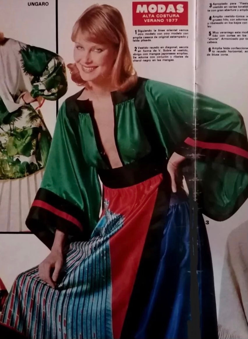 1977 Ungaro Haute Couture Runway Colorful Silk Kimono-Sleeve Tunic Blouse &amp; Skirt Ensemble