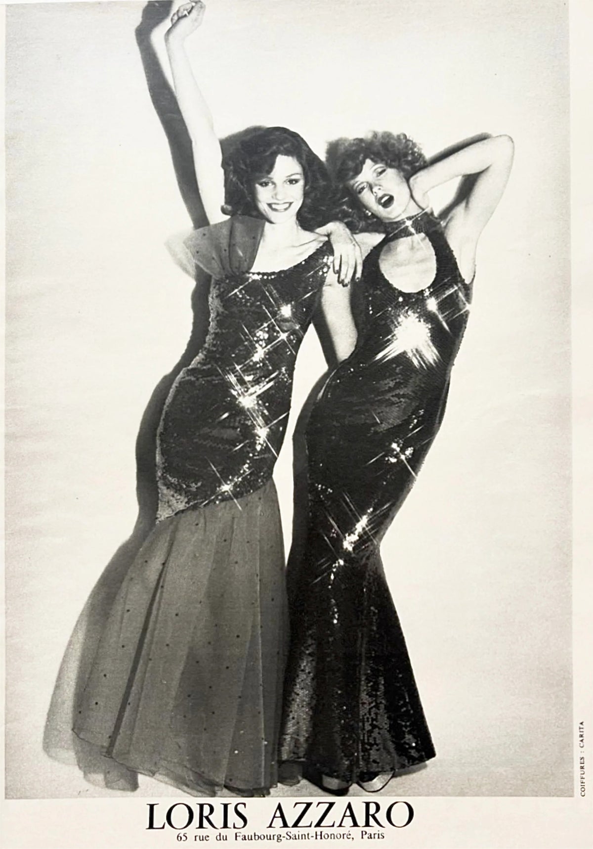1978 Loris Azzaro Couture Black Sequin Strapless Tiered-Ruffle Gown & Sheer Capelet