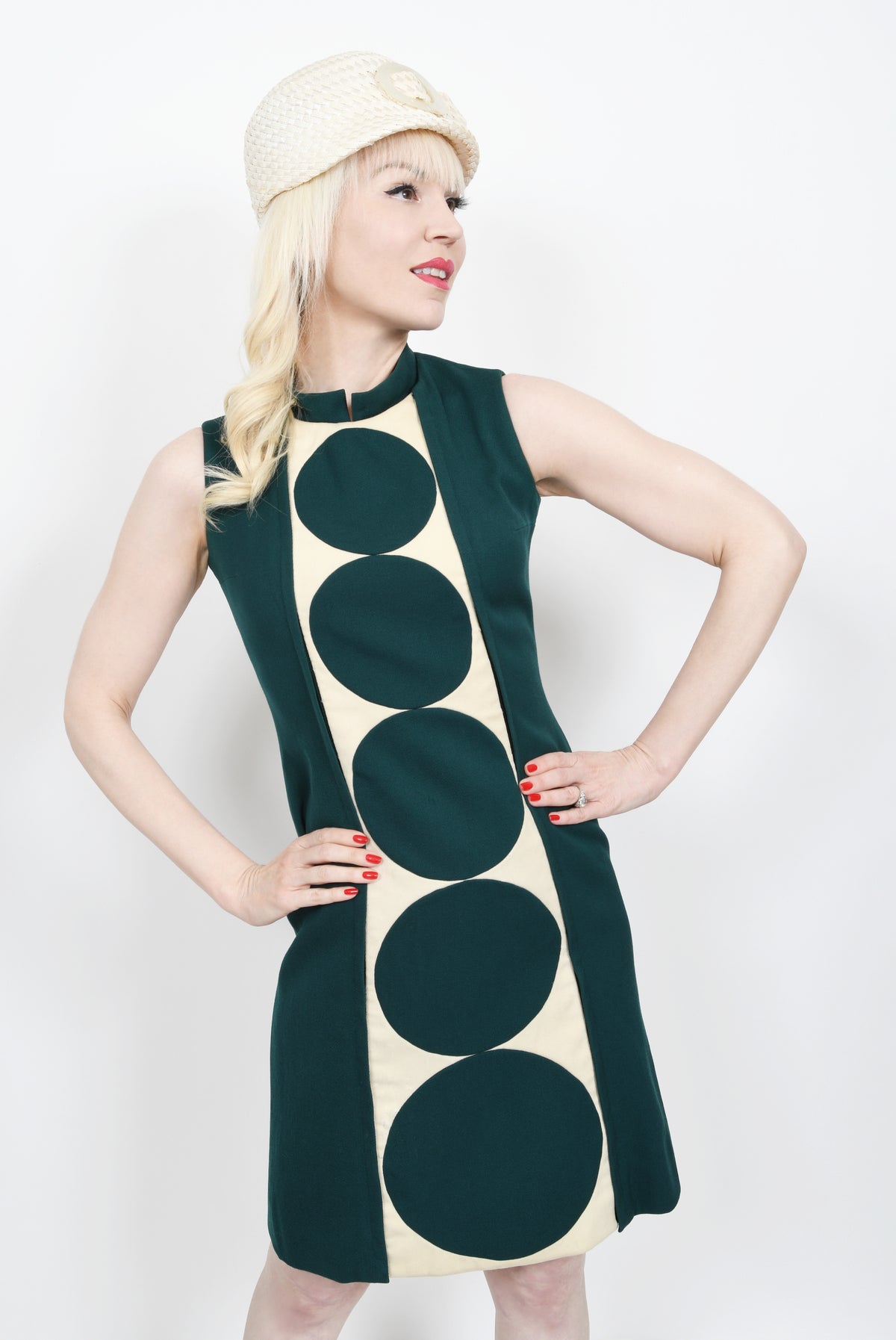 1966 Jacques Esterel Haute Couture Documented Teal Green Op-Art Mod Dress