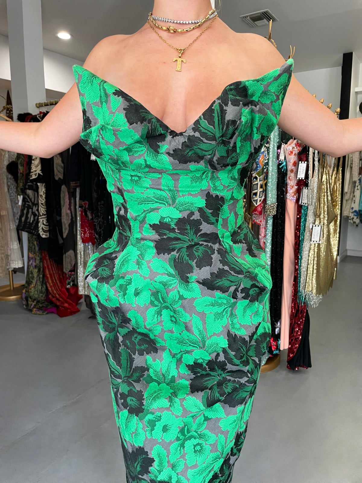 2010 Vivienne Westwood Gold Label Sculpted Green Floral Silk Brocade Corset Dress