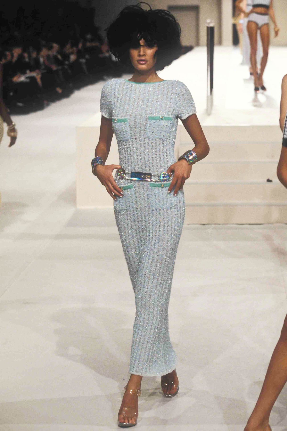 1997 Chanel by Karl Lagerfeld Runway Metallic Pink Stretch Knit Maxi Dress