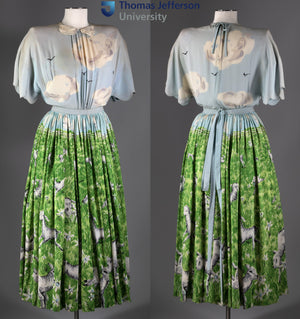 1942 Gilbert Adrian Iconic 'Gamboling Lambs' Scenic Print Scalloped Patio Dress