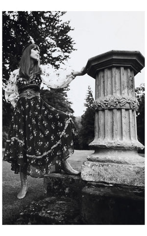 1975 Thea Porter Couture Ivory Silk Embroidered Floral Billow-Sleeve 'Gypsy' Dress