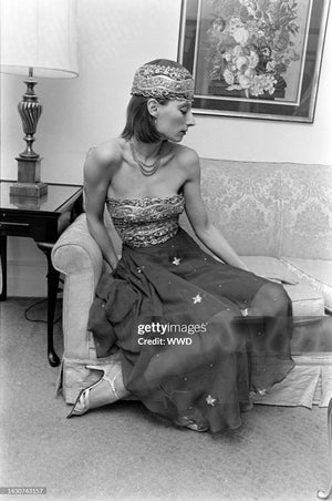 1979 Thea Porter Couture Metallic Gold Embroidered Ivory Silk-Chiffon Halter Gown