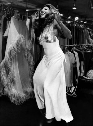 1972 Loris Azzaro Couture Ivory Silk-Jersey & Gold Metal Mesh Backless Gown w/ Cape