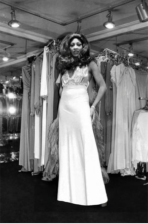 1972 Loris Azzaro Couture Ivory Silk-Jersey & Gold Metal Mesh Backless Gown w/ Cape