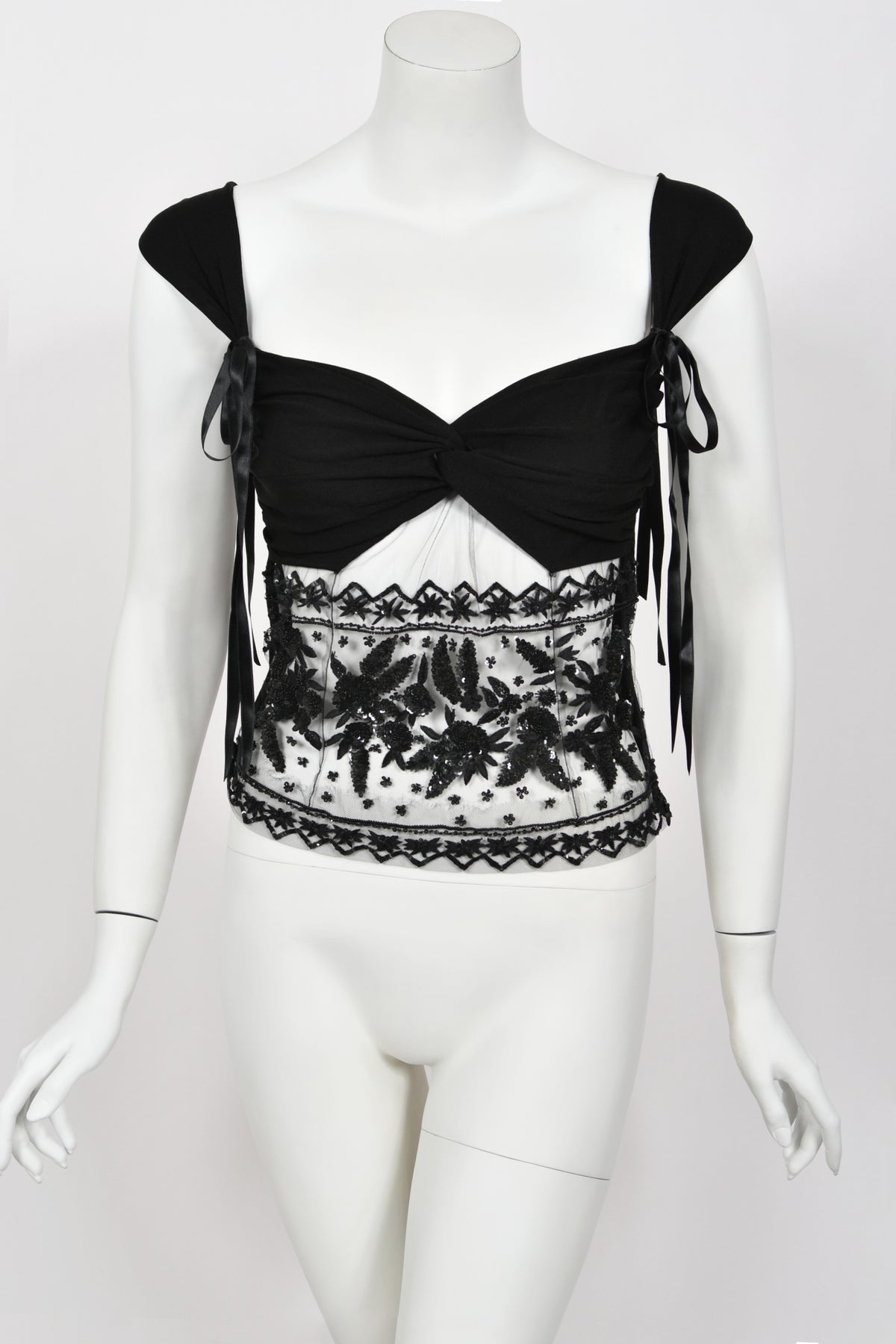 2004 Valentino Runway Black Silk Beaded Sheer Cut-Out Blouse &amp; Bias-Cut Skirt Set