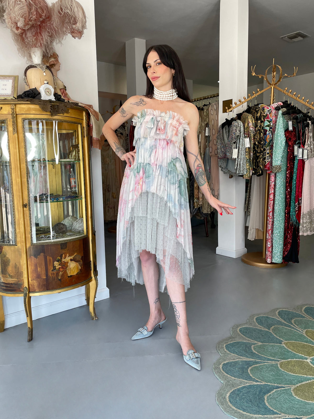 2013 Chanel by Karl Lagerfeld Pastel Floral Silk &amp; Sheer Tulle Strapless Dress