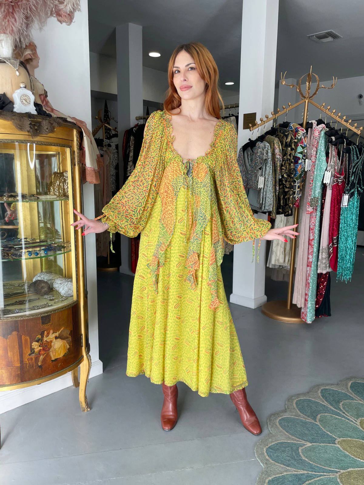 1971 Ossie Clark for Quorum Celia Birtwell Yellow Print Sheer Silk Chiffon Cut-Out Dress