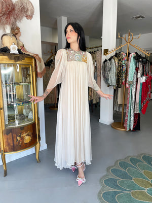 1968 Madame Grès Haute Couture Beaded Embroidered Ivory Silk Gown