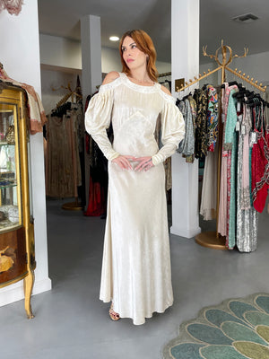 1930's Beaded Ivory Silk-Velvet Cut Out Shoulders Bias-Cut Old Hollywood Gown