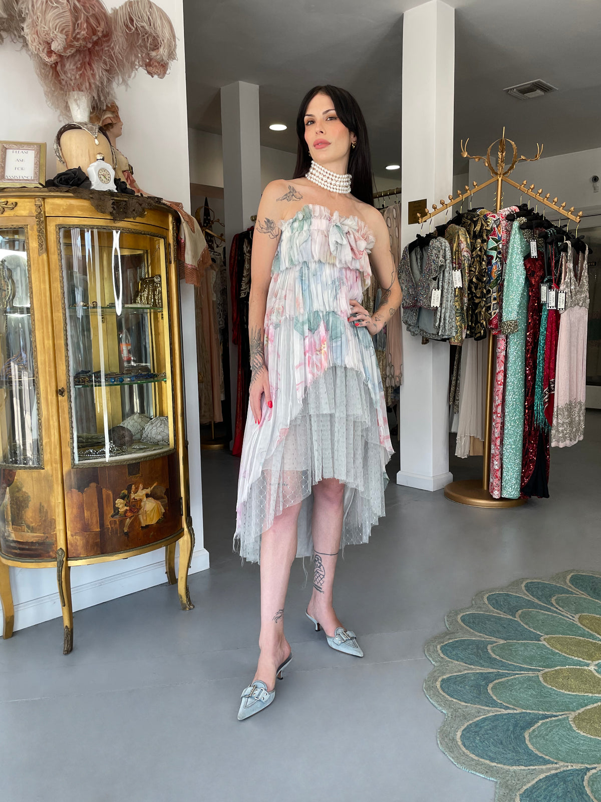 2013 Chanel by Karl Lagerfeld Pastel Floral Silk &amp; Sheer Tulle Strapless Dress