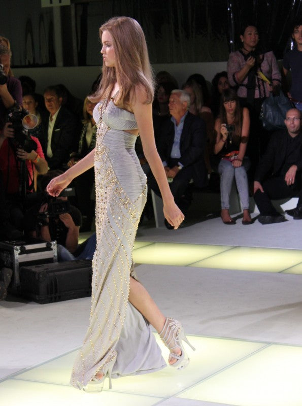 2012 Versace Runway Gold Studded Pale Dove Gray Silk Jersey Hourglass Gown