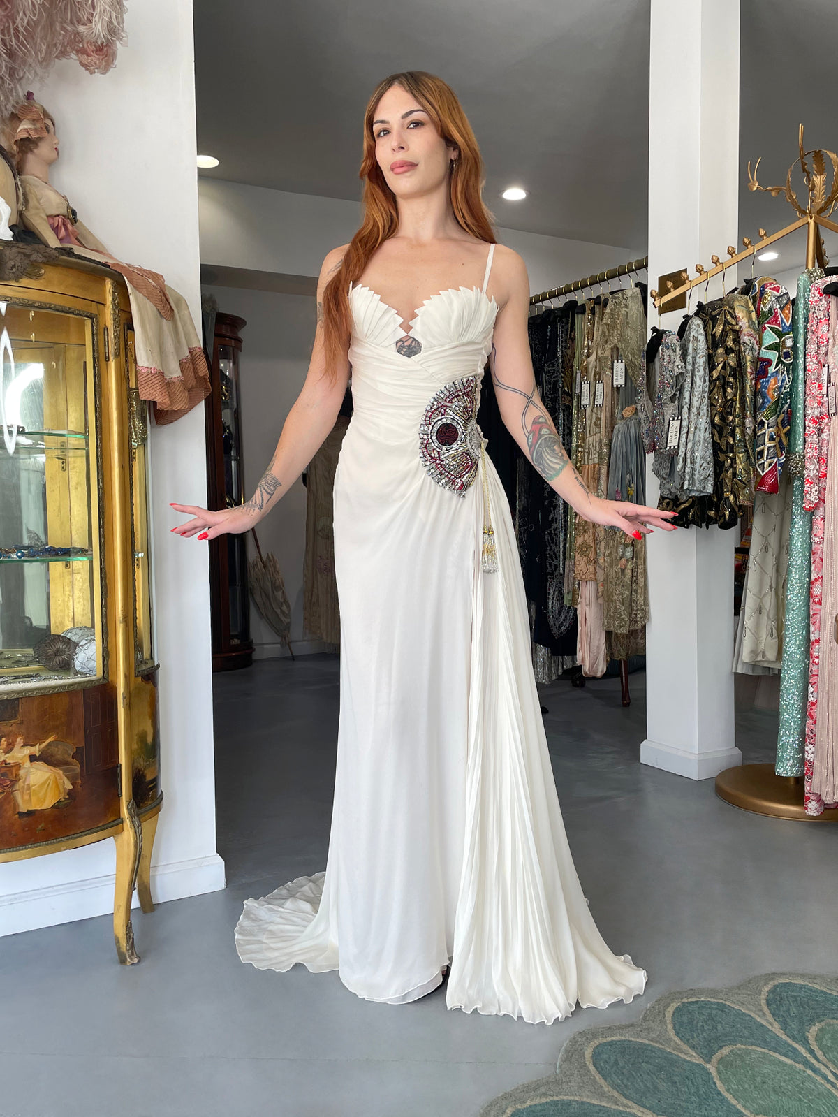 2006 Roberto Cavalli Embellished Ivory Silk Sculptural High-Slit Finale Gown