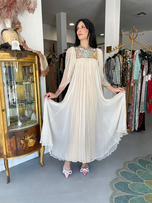 1968 Madame Grès Haute Couture Beaded Embroidered Ivory Silk Gown