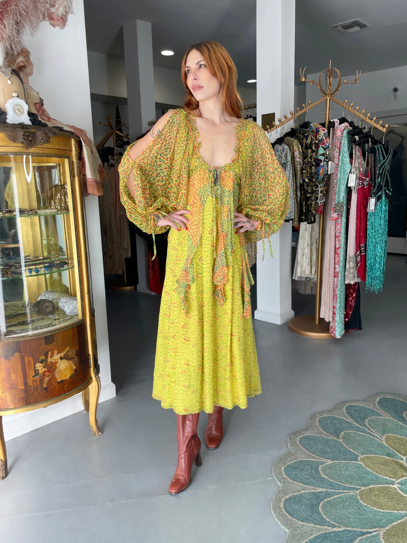 1971 Ossie Clark for Quorum Celia Birtwell Yellow Print Sheer Silk Chiffon Cut-Out Dress