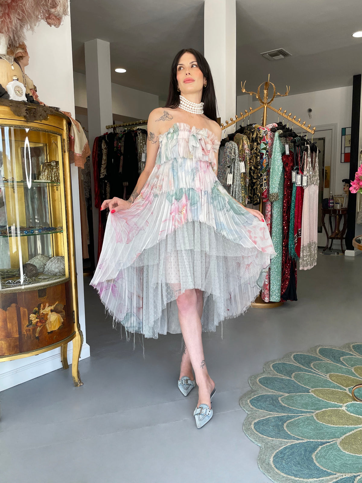 2013 Chanel by Karl Lagerfeld Pastel Floral Silk &amp; Sheer Tulle Strapless Dress