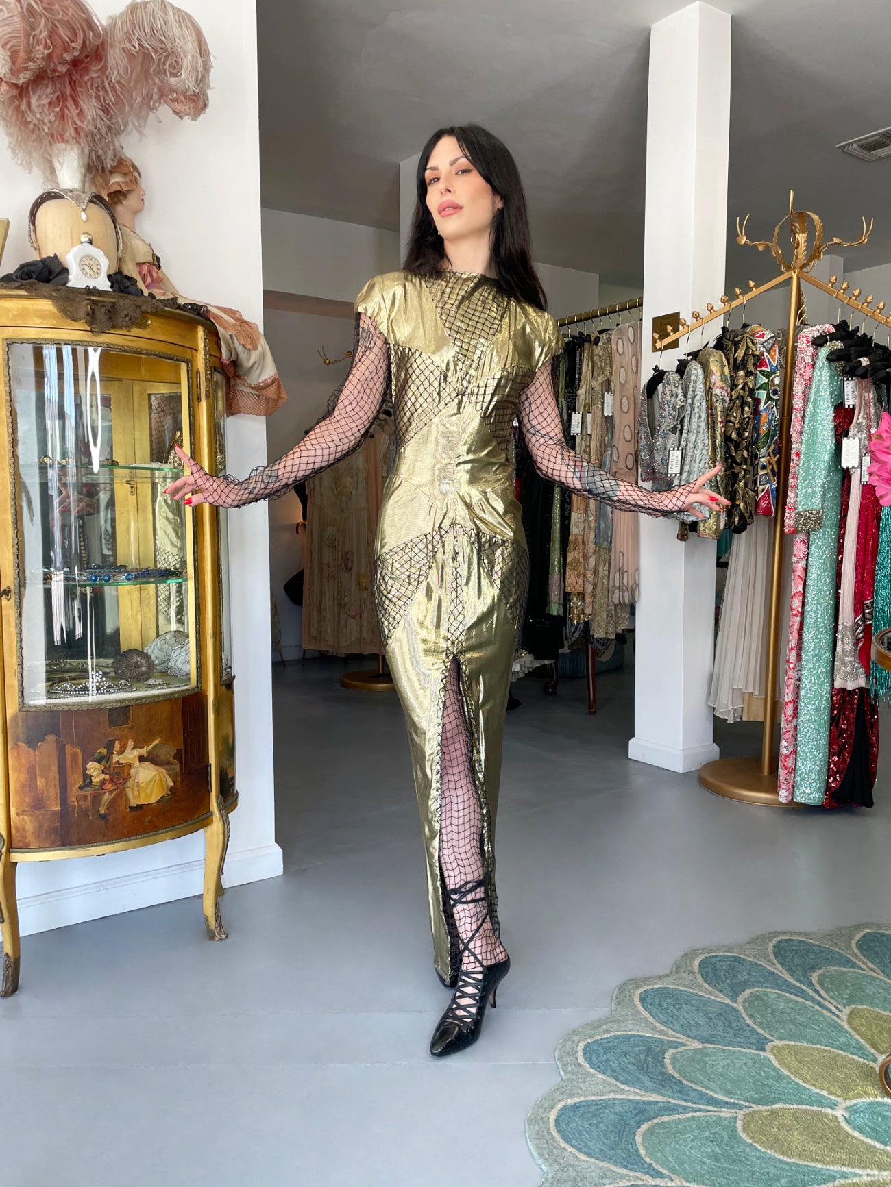 1985 Thierry Mugler Couture Metallic Gold Lam & Fishnet High-Slit Gown 1985 Thierry Mugler Couture Metallic Gold Lam & Fishnet High-Slit Gown