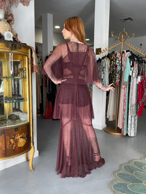 1930's French Sheer Burgundy Lace Tiered Bias-Cut Gown & Matching Capelet