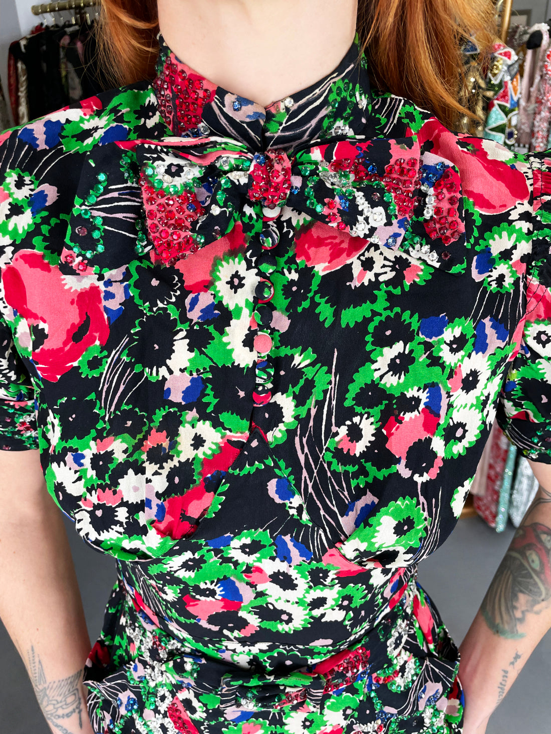 1930's Fashion Originators Guild Rhinestone Studded Floral Silk Neck-Bow Gown