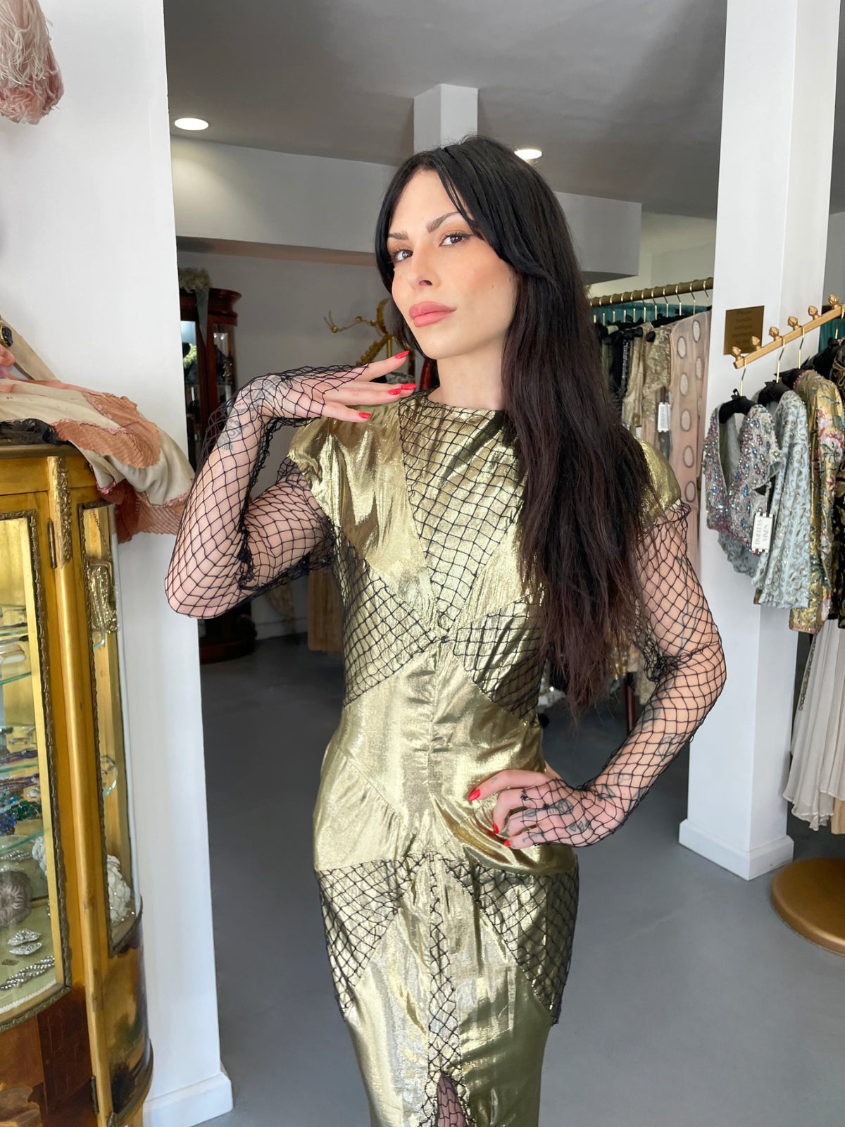 1985 Thierry Mugler Couture Metallic Gold Lamé &amp; Fishnet High-Slit Gown