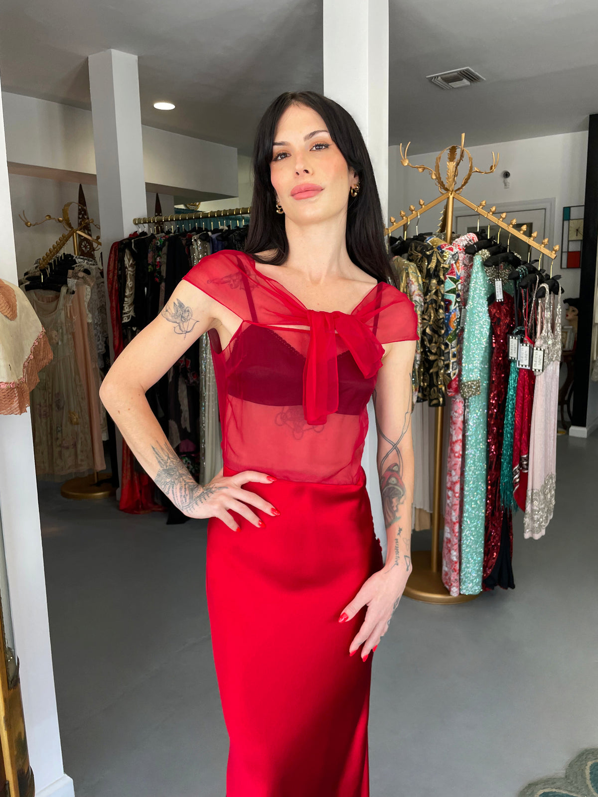 2010 Christian Dior by John Galliano Ruby Red Silk Sheer Black Bra Bias-Cut Gown