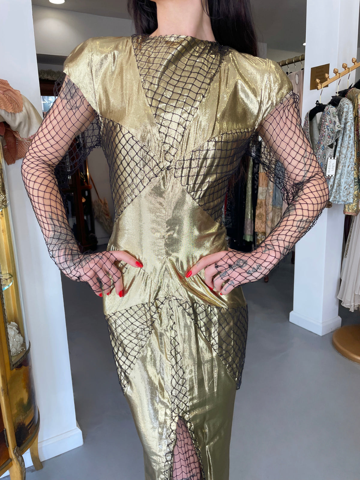 1985 Thierry Mugler Couture Metallic Gold Lamé &amp; Fishnet High-Slit Gown