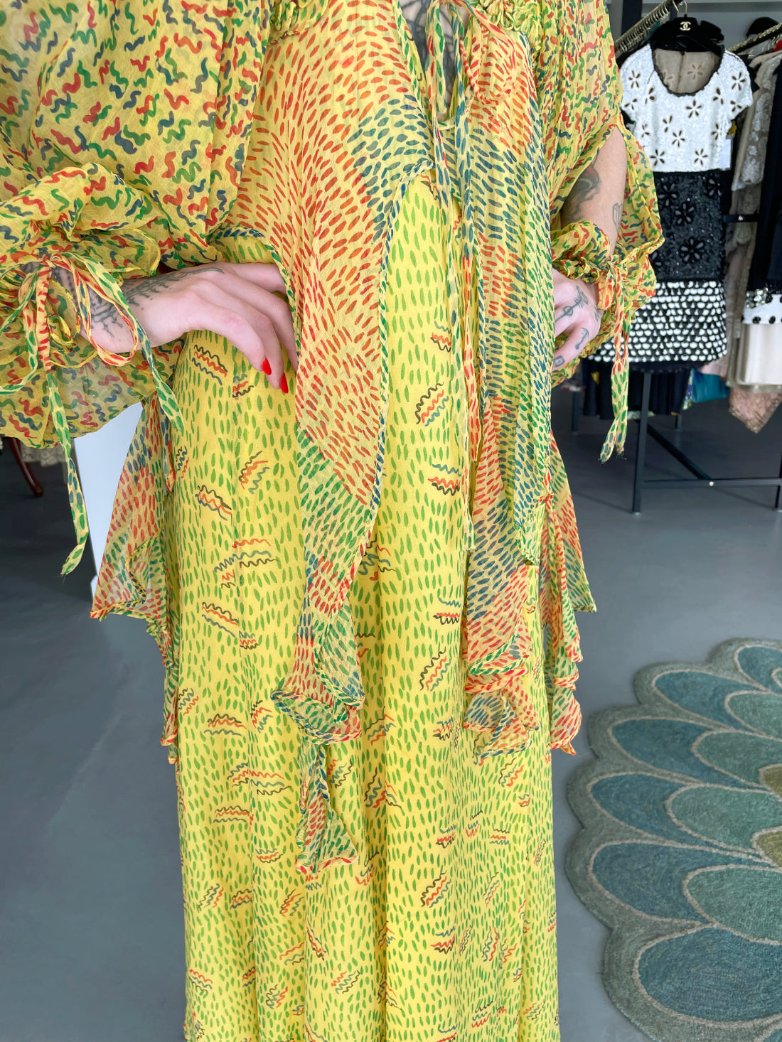 1971 Ossie Clark for Quorum Celia Birtwell Yellow Print Sheer Silk Chiffon Cut-Out Dress