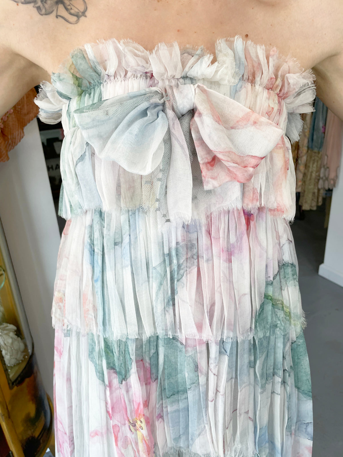 2013 Chanel by Karl Lagerfeld Pastel Floral Silk &amp; Sheer Tulle Strapless Dress