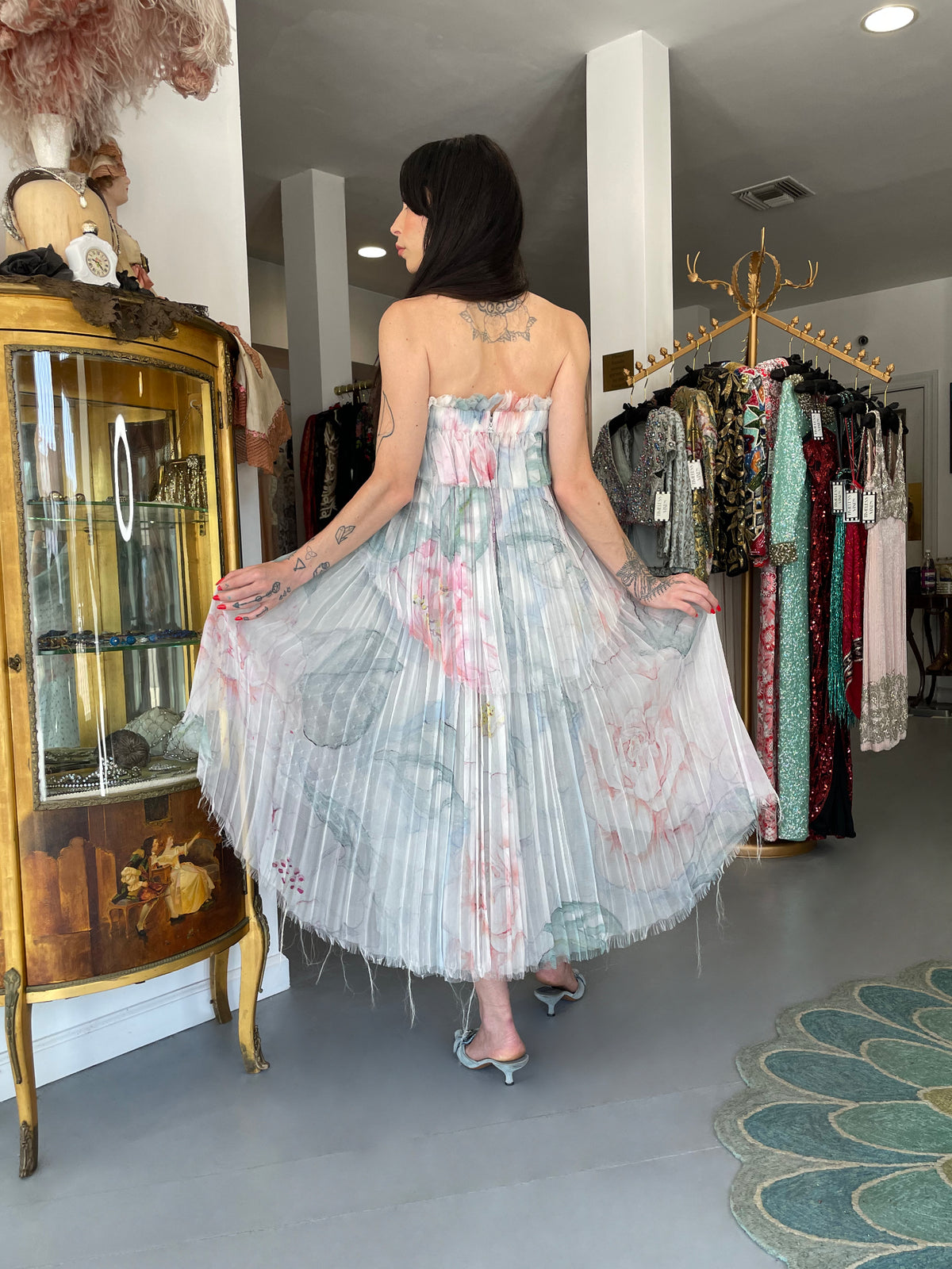 2013 Chanel by Karl Lagerfeld Pastel Floral Silk &amp; Sheer Tulle Strapless Dress