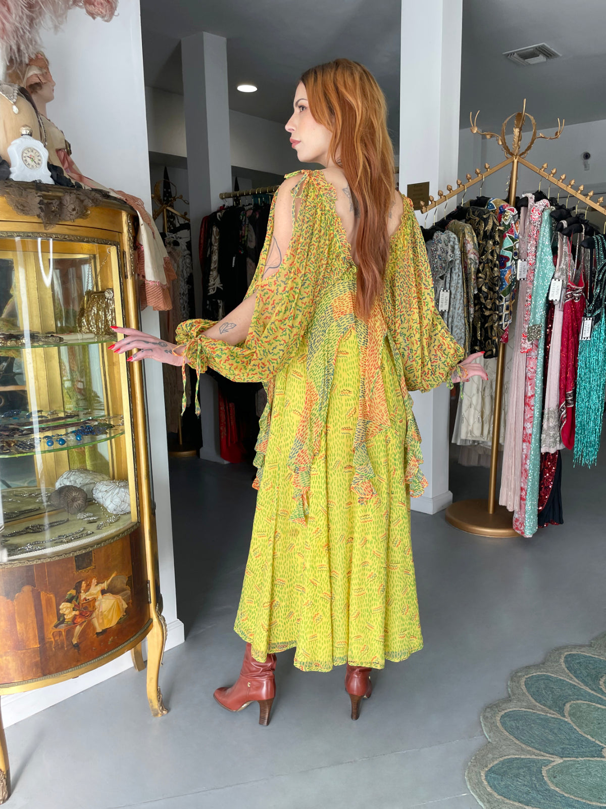 1971 Ossie Clark for Quorum Celia Birtwell Yellow Print Sheer Silk Chiffon Cut-Out Dress