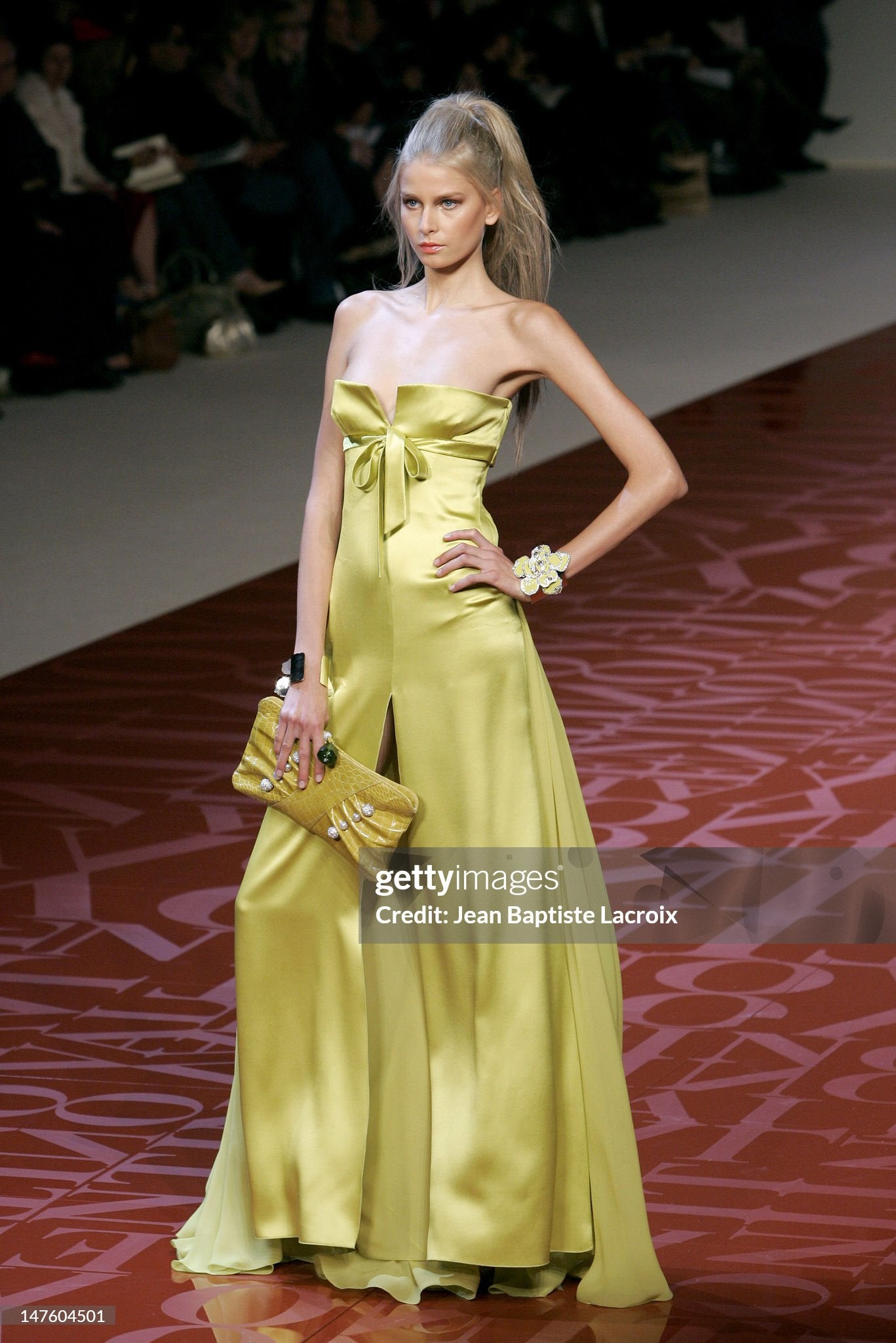 2005 Valentino Runway Chartreuse Yellow Silk Shelf-Bust Bustier High Slit Gown