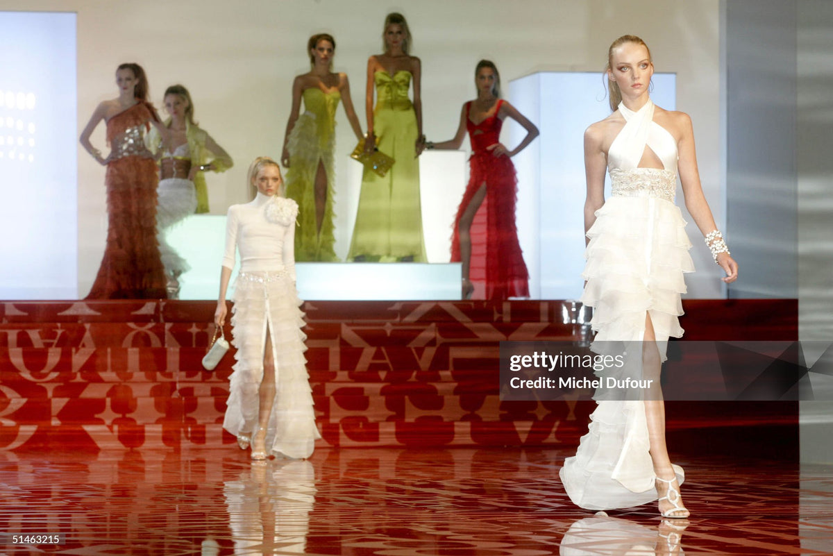 2005 Valentino Runway Chartreuse Yellow Silk Shelf-Bust Bustier High Slit Gown