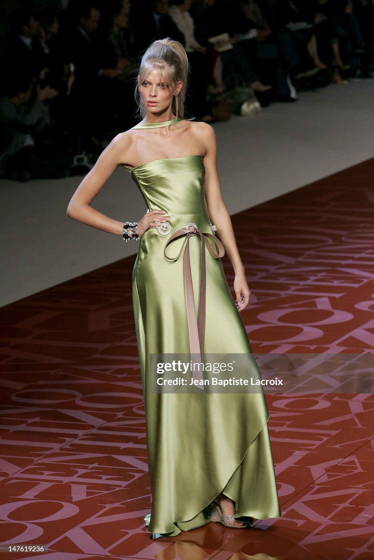 2005 Valentino Runway Chartreuse Silk Draped-Pearls Reverse Halter Glamour Gown