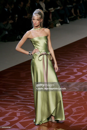 2005 Valentino Runway Chartreuse Silk Draped-Pearls Reverse Halter Glamour Gown