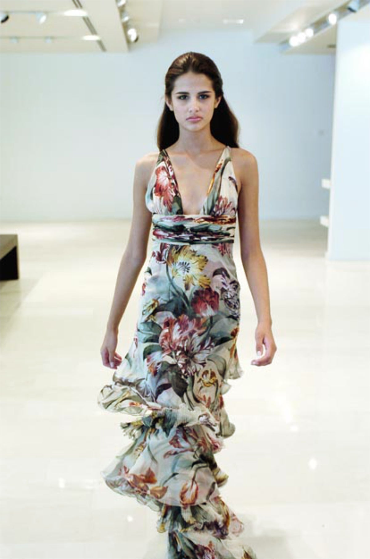 2005 Valentino Cruise Collection Colorful Floral Silk Low-Cut Halter Tiered Gown