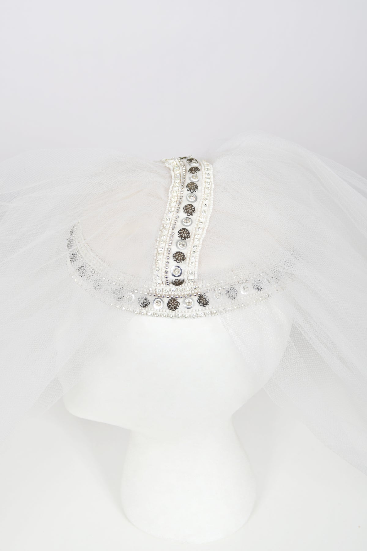 1972 Christian Dior Couture White Beaded Sheer Silk Billow-Sleeve Bridal Gown w/ Matching Veil