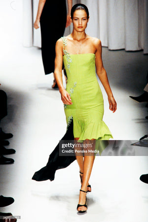 1997 Gianni Versace Lifetime Runway Lime Green & Black Embellished Silk High-Low Dress