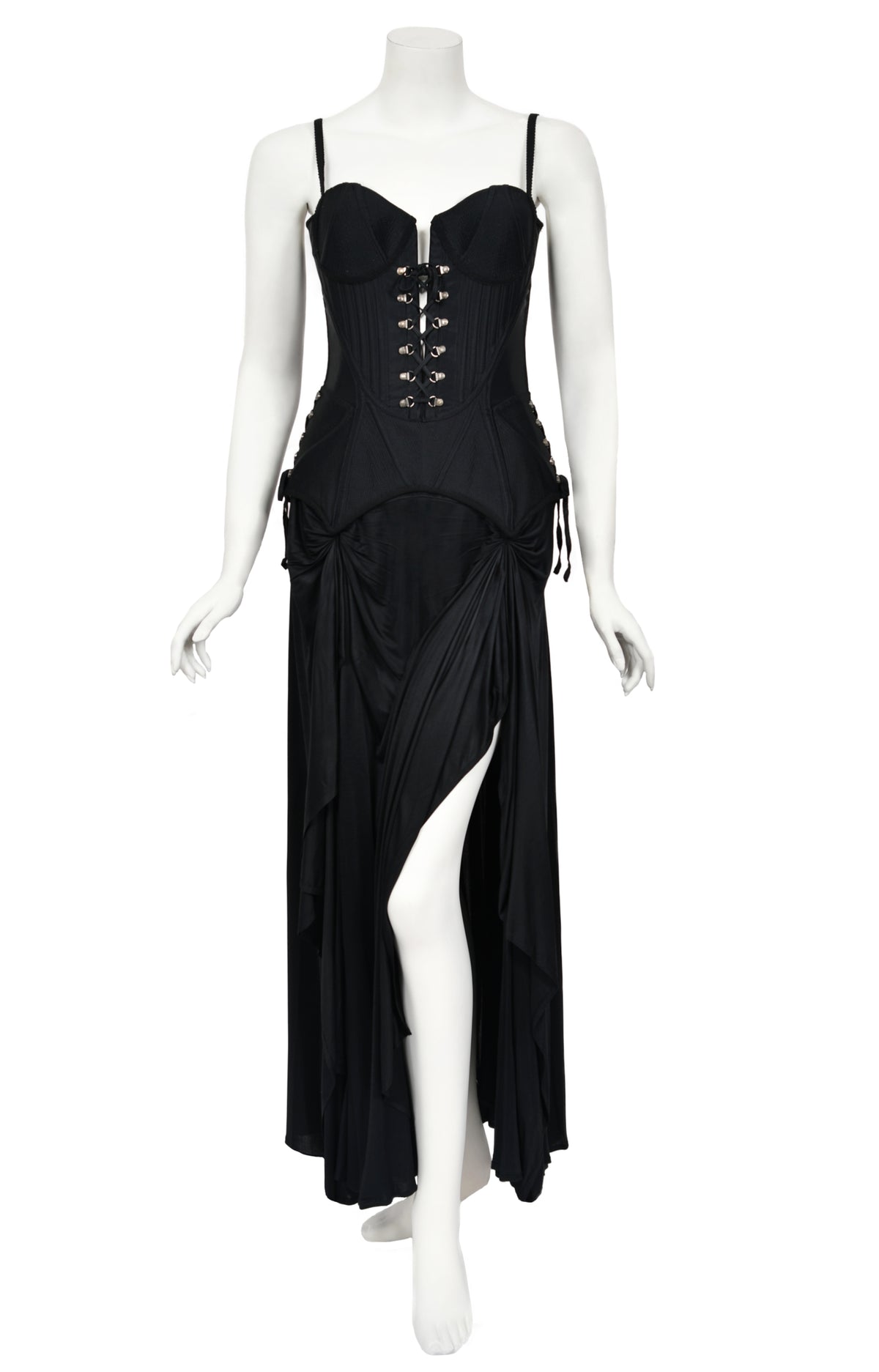 1995 Gianni Versace Couture Black Corset High-Slit Important Campaign Gown