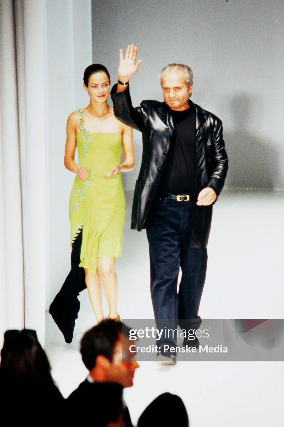 1997 Gianni Versace Lifetime Runway Lime Green & Black Embellished Silk High-Low Dress