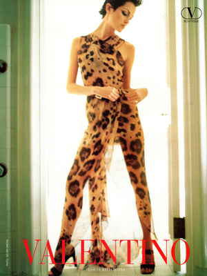 1996 Valentino Runway Editorial Leopard Print Sheer Silk Draped-Sash Gown