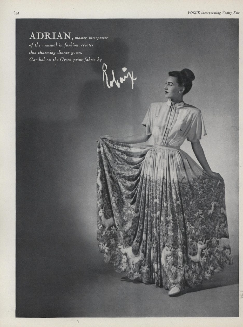 1942 Gilbert Adrian Iconic 'Gamboling Lambs' Scenic Print Scalloped Patio Dress