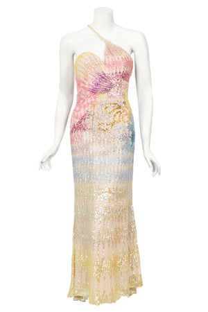 1990's Mike Benet Rainbow Sequin Silk Asymmetric Hourglass Versace-Like Gown