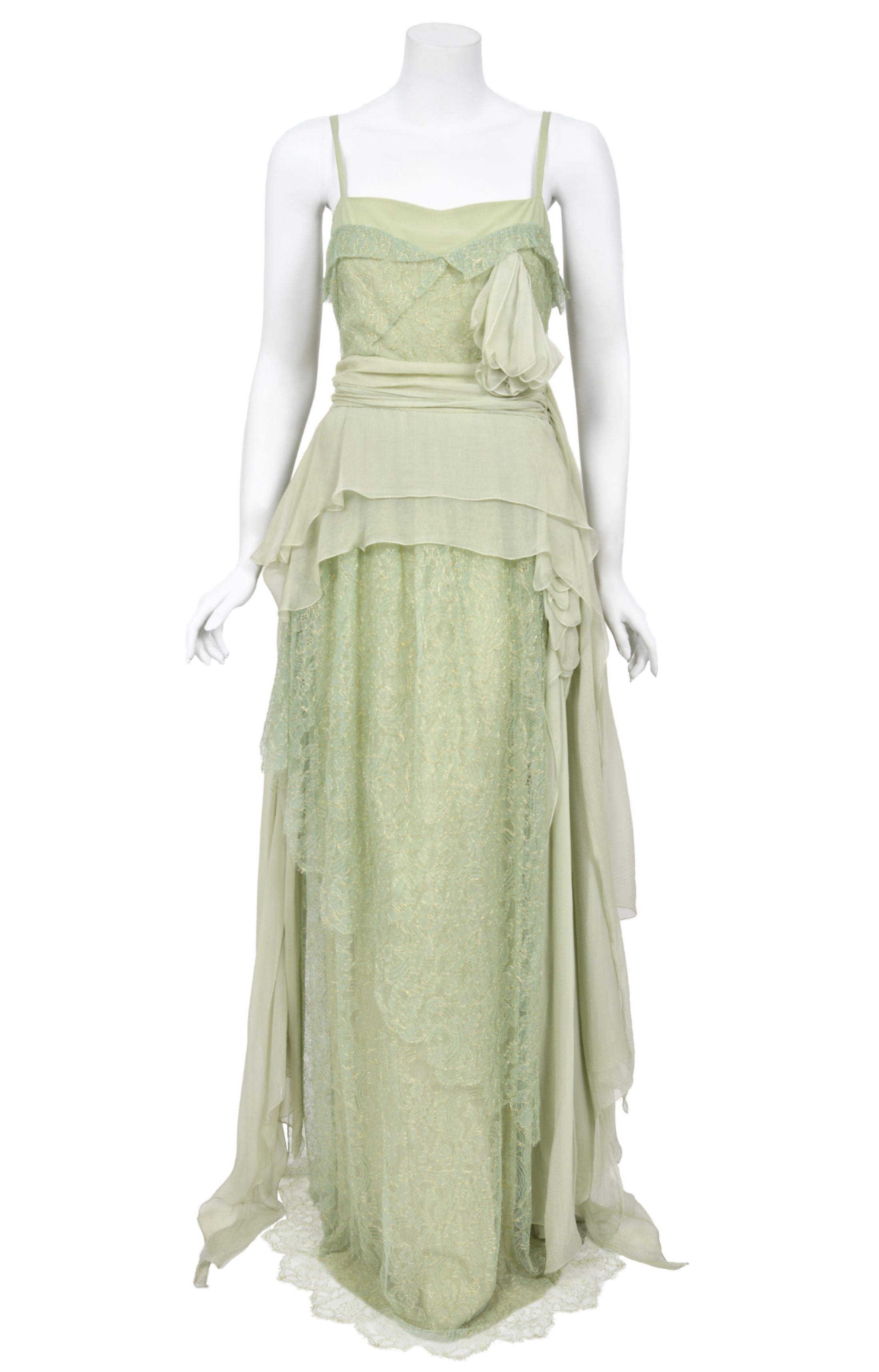 Vintage 2007 John Galliano Metallic Mint-Green Lace & Sheer Silk Tiered Ethereal Gown w/Tags - Timeless Vixen Vintage 2007 John Galliano Metallic Mint-Green Lace & Sheer Silk Tiered Ethereal Gown w/Tags - Timeless Vixen