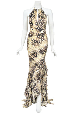 2004 Roberto Cavalli Feather Print Silk Halter Cut-Out Tiered Ruffle Bias-Cut Gown