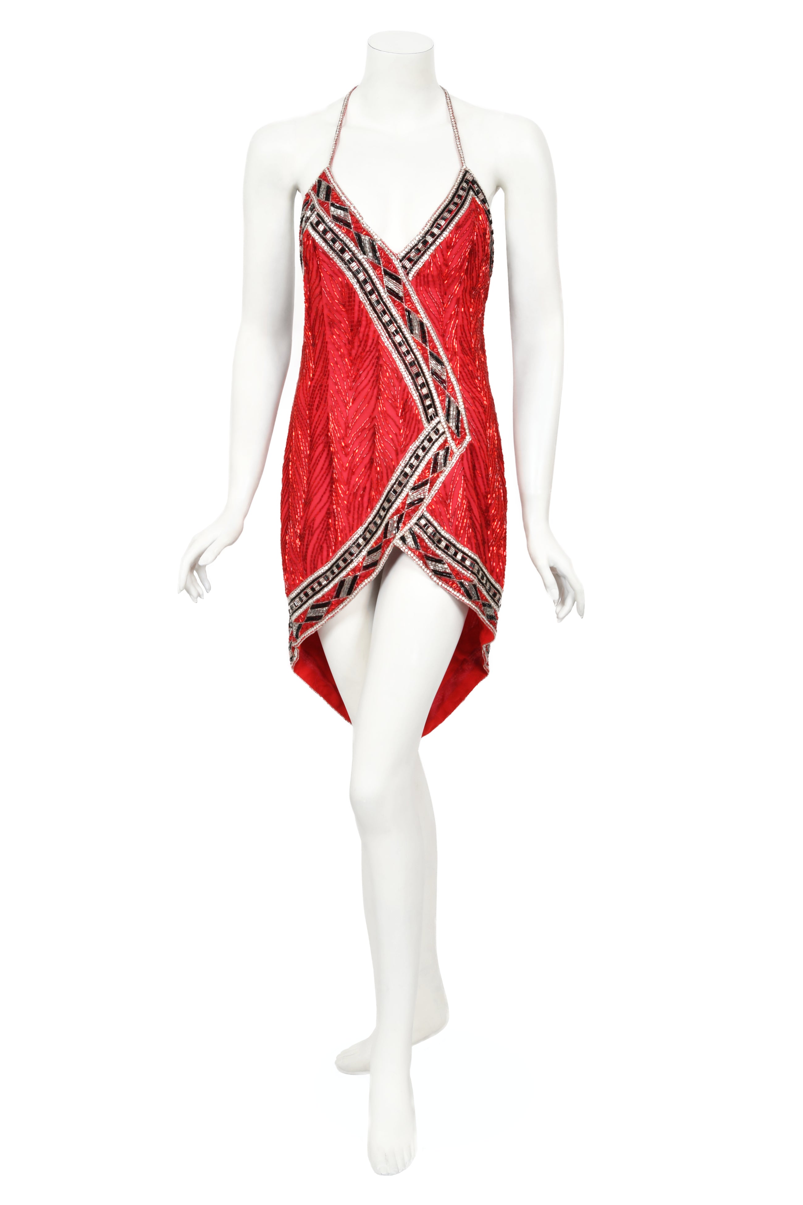 bob mackie mini dress Vintage Tan & Multicolor Bob Mackie Silk Beaded Halter Mini Dress