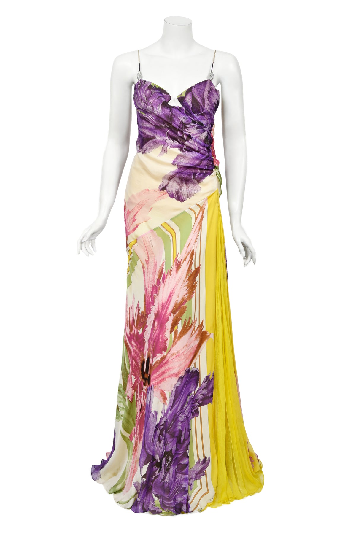 2005 Roberto Cavalli Large-Scale Floral Silk Bustier High-Slit Gown &amp; Shawl